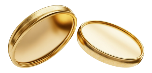 Two shiny gold coins, isolated on transparent cutout background