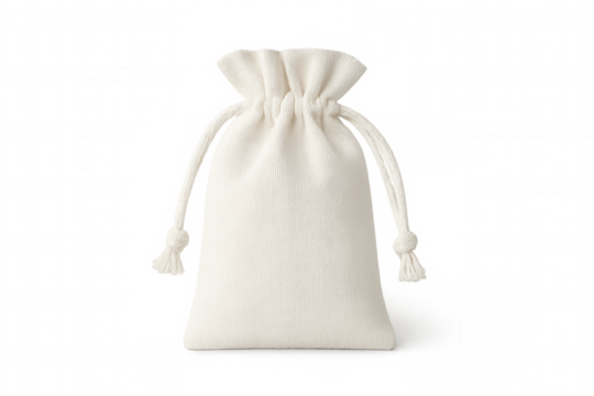 Small white cloth bag with a drawstring closure, isolated on a transparent background, ready for your designs