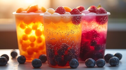 Refreshing fruit berry drinks in transparent cups with sparkling liquid photo
