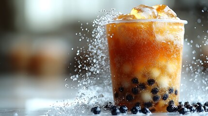 Refreshing close up photo of a bubble tea with ice and splashes of water on display.