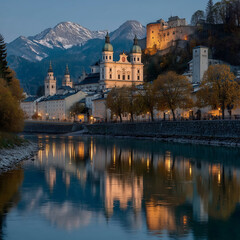 Obraz premium A picturesque view of salzburg, austria, showcasing the salzach river, the historic buildings, and the hohensalzburg fortress with the alps in the distance