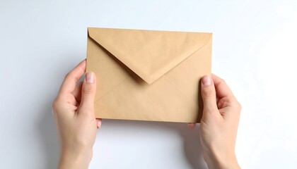 Hands holding a light brown envelope on a white surface