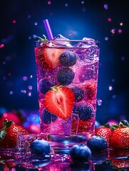 Refreshing photo of a fruity cocktail with blueberries strawberries and ice cubes in a glass