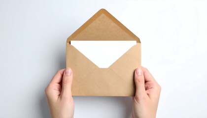 Hands holding a light brown envelope with a white sheet of paper inside