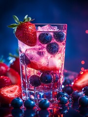 Refreshing photo of a fruity cocktail with strawberries and blueberries in a glass