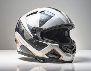 Fototapeta premium Geometric Motorcycle Helmet: A sleek, futuristic motorcycle helmet, featuring a striking geometric design. The helmet is displayed against a clean backdrop.