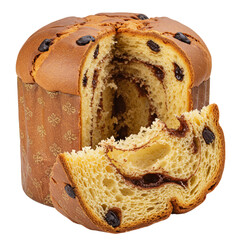 chocolate panettone with a slice cut out