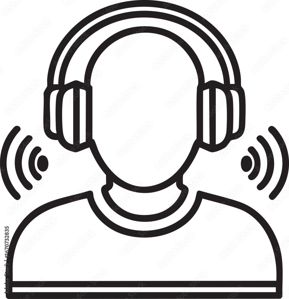 Poster podcast listener icon. outline vector of person with headphones and sound waves minimalist design