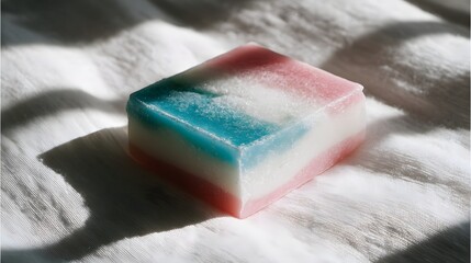 A vibrant, multicolored bar of soap rests on a textured, white fabric, displaying a striking pattern of pink, white, and teal hues.