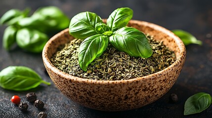 Close up photo of fresh basil leaves and dried herbs in a decorative bowl on a dark surface.