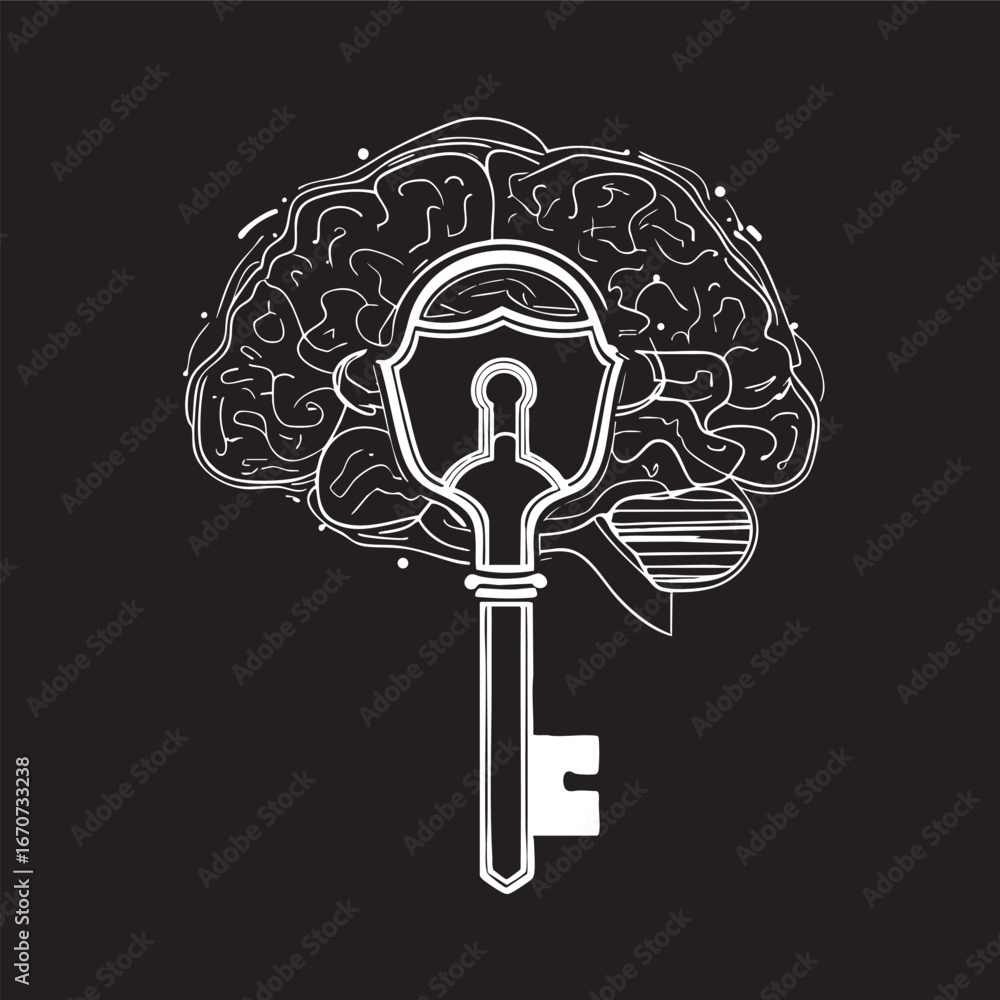 Poster key unlocking mind outline vector. concept of imagination and unlocking possibilities.