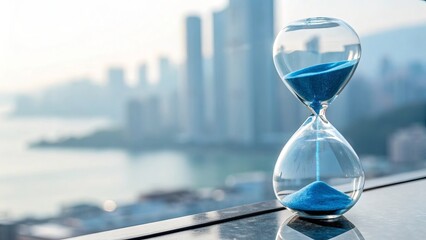 Hourglass with blue sand against city skyline time