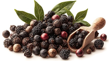 Close up photo of fresh black peppercorns and leaves presented with a wooden scoop