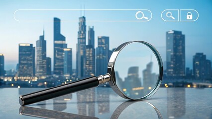 Magnifying glass over search bar with city background