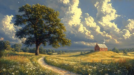 Scenic countryside photo of a picturesque landscape featuring a big oak tree and small cottage