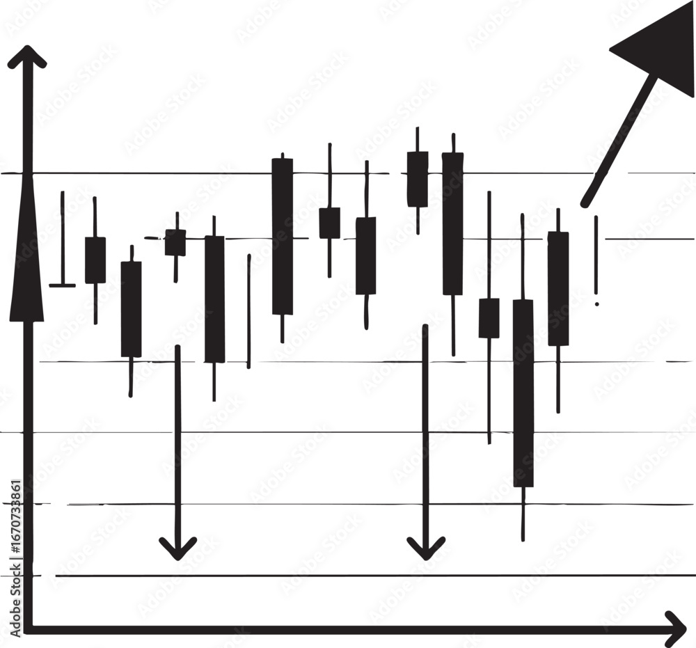 Poster trading chart outline. black and white vector with candlestick patterns and arrows.