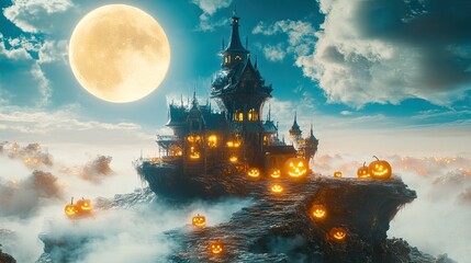 Obraz premium Spooky Halloween Castle with Glowing Pumpkins Under Full Moon, Fantasy Scene.