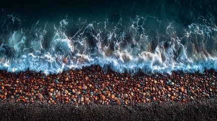 Aerial View of Ocean Wave Crashing Onto Colorful Pebble Beach