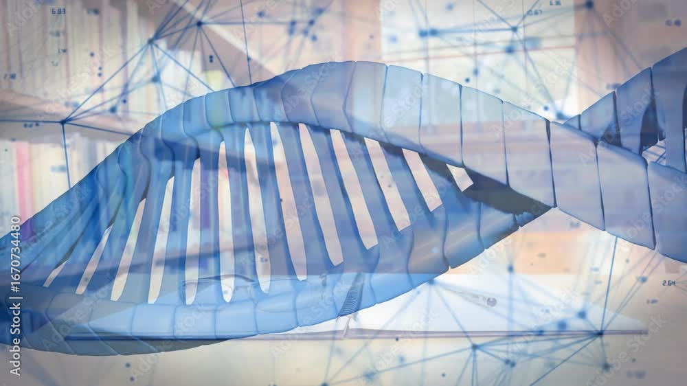 Poster double-helix model materializing on desk rotating slowly while pulsing data for genetic analysis