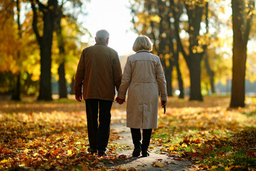 Obraz premium Elderly couple walking in autumn park, romantic senior lifestyle.
