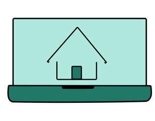 Vector illustration of laptop with house symbol. Concept of remote work, freelance, and online job.