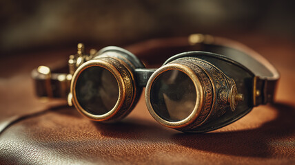 Steampunk goggles on leather surface, brass and glass shining, moody atmosphere, fine art photo style