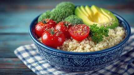 Fresh vegetables and quinoa in a decorative bowl on a table.