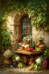 Naklejka premium A cozy outdoor scene with flowers, wine, and rustic decor.