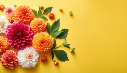 colorful dahlia flowers arranged on yellow background with green leaves