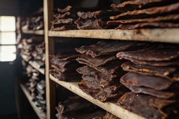 Rows of dried meat cured and stacked on shelves