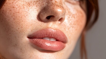 Fototapeta premium Close-up view of a woman's face with freckles, soft lighting, and a delicate application of makeup, highlighting the natural beauty and healthy glow of the skin.
