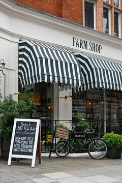 LONDON, UK - JULY 07, 2025:  Exterior of the Farm Shop delicatessen in South Audley Street, Mayfair with sign