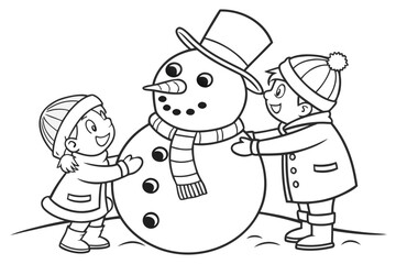  line drawing of two children, a boy and a girl, building a snowman.