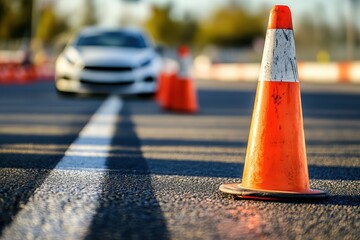 Orange traffic cones mark a lane on a road with a car in the background