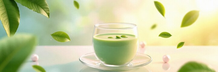 Refreshing green smoothie in a glass, surrounded by fresh leaves and a soft, natural background, perfect for health and wellness themes.