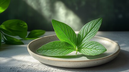 Close up photo of green leaves resting on a ceramic plate with soft natural lighting and shadows
