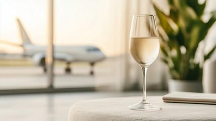 A luxurious airport lounge with plush seating and modern decor, where a glass of champagne rests elegantly on a table beside greenery. Through the large windows, the blurred outline of a private jet