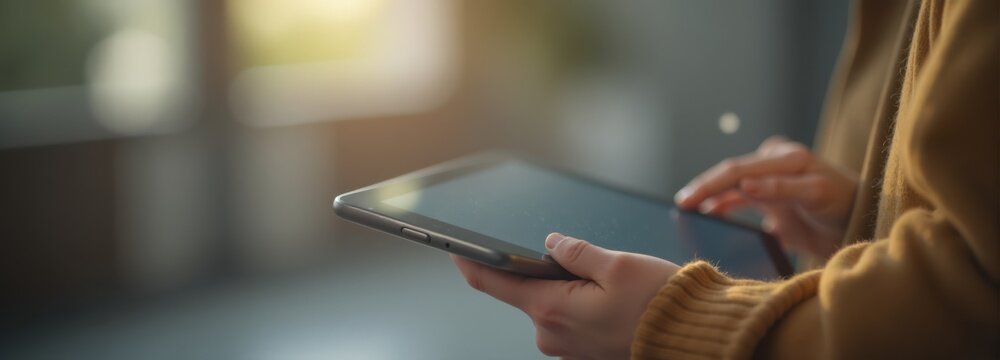 Close-up of an adult woman's hands using a digital tablet with a blurred background, showcasing modern technology interaction and productivity.