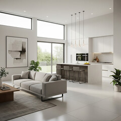 A modern minimalist home interior design with clean lines, sleek furniture, and neutral color palette, featuring an open-concept living space connected to a spacious kitchen, bathed in natural light	