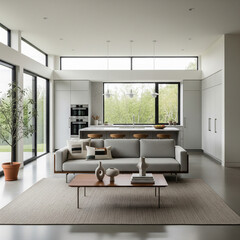 A modern minimalist home interior design with clean lines, sleek furniture, and neutral color palette, featuring an open-concept living space connected to a spacious kitchen, bathed in natural light	