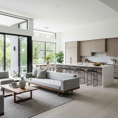 A modern minimalist home interior design with clean lines, sleek furniture, and neutral color palette, featuring an open-concept living space connected to a spacious kitchen, bathed in natural light	
