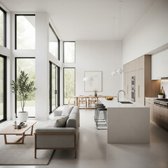A modern minimalist home interior design with clean lines, sleek furniture, and neutral color palette, featuring an open-concept living space connected to a spacious kitchen, bathed in natural light	