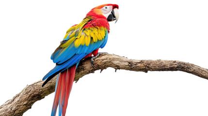 Fototapeta premium Colorful Scarlet Macaw Parrot Perched on Tree Branch Isolated on white Background