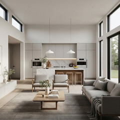 A modern minimalist home interior design with clean lines, sleek furniture, and neutral color palette, featuring an open-concept living space connected to a spacious kitchen, bathed in natural light	