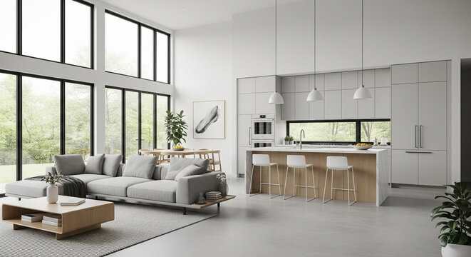 A modern minimalist home interior design with clean lines, sleek furniture, and neutral color palette, featuring an open-concept living space connected to a spacious kitchen, bathed in natural light	