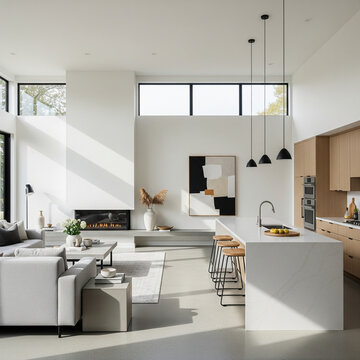 A modern minimalist home interior design with clean lines, sleek furniture, and neutral color palette, featuring an open-concept living space connected to a spacious kitchen, bathed in natural light	