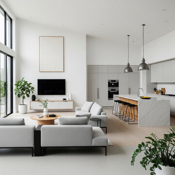 A modern minimalist home interior design with clean lines, sleek furniture, and neutral color palette, featuring an open-concept living space connected to a spacious kitchen, bathed in natural light	