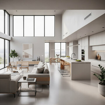 A modern minimalist home interior design with clean lines, sleek furniture, and neutral color palette, featuring an open-concept living space connected to a spacious kitchen, bathed in natural light	