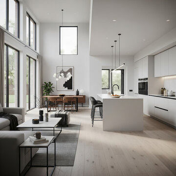 A modern minimalist home interior design with clean lines, sleek furniture, and neutral color palette, featuring an open-concept living space connected to a spacious kitchen, bathed in natural light	