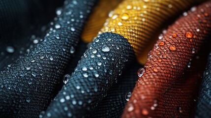 Fototapeta premium Close-up view of water droplets on textured fabric in vibrant colors during a rainy day